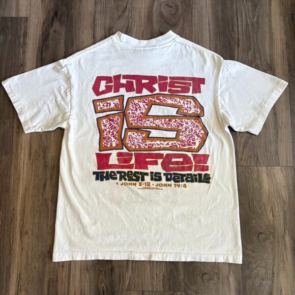 Vintage Jesus T-Shirt Men's Size M White Christian Graphic Tee 1990s Double Side - Picture 2 of 8